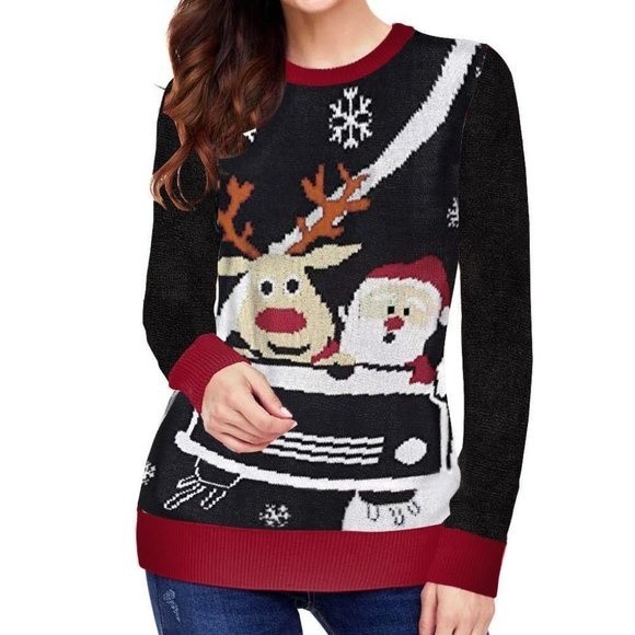 Black Reindeer Santa Clause Cartoon Print Ugly Christmas Sweater - Picture 1 of 8